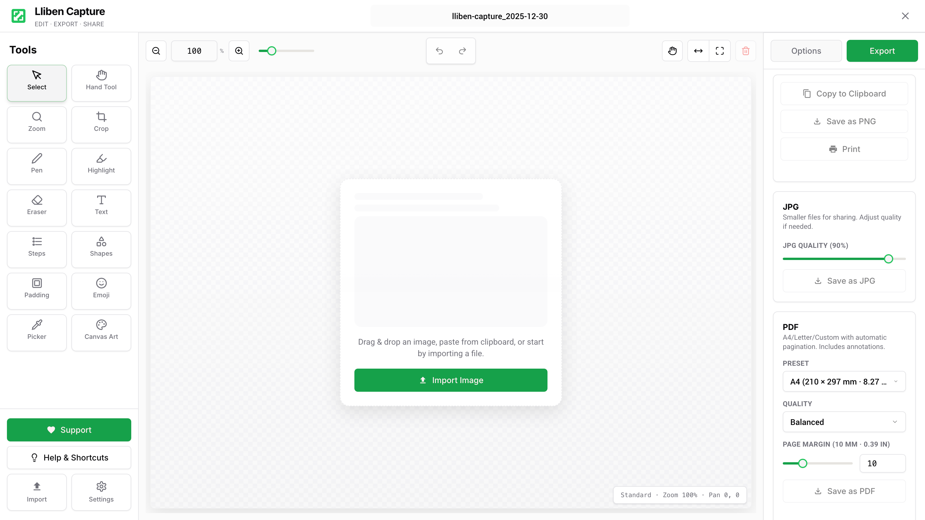 Editor Lliben Capture com ferramentas de anotação e exportação
