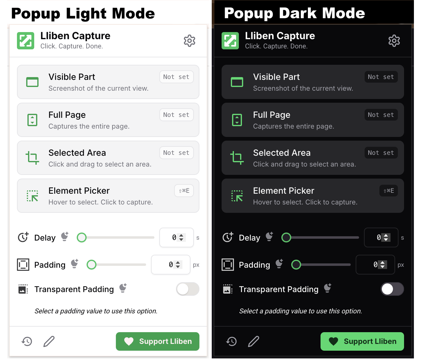 Popup da extensão Lliben mostrando modos de captura e ações rápidas