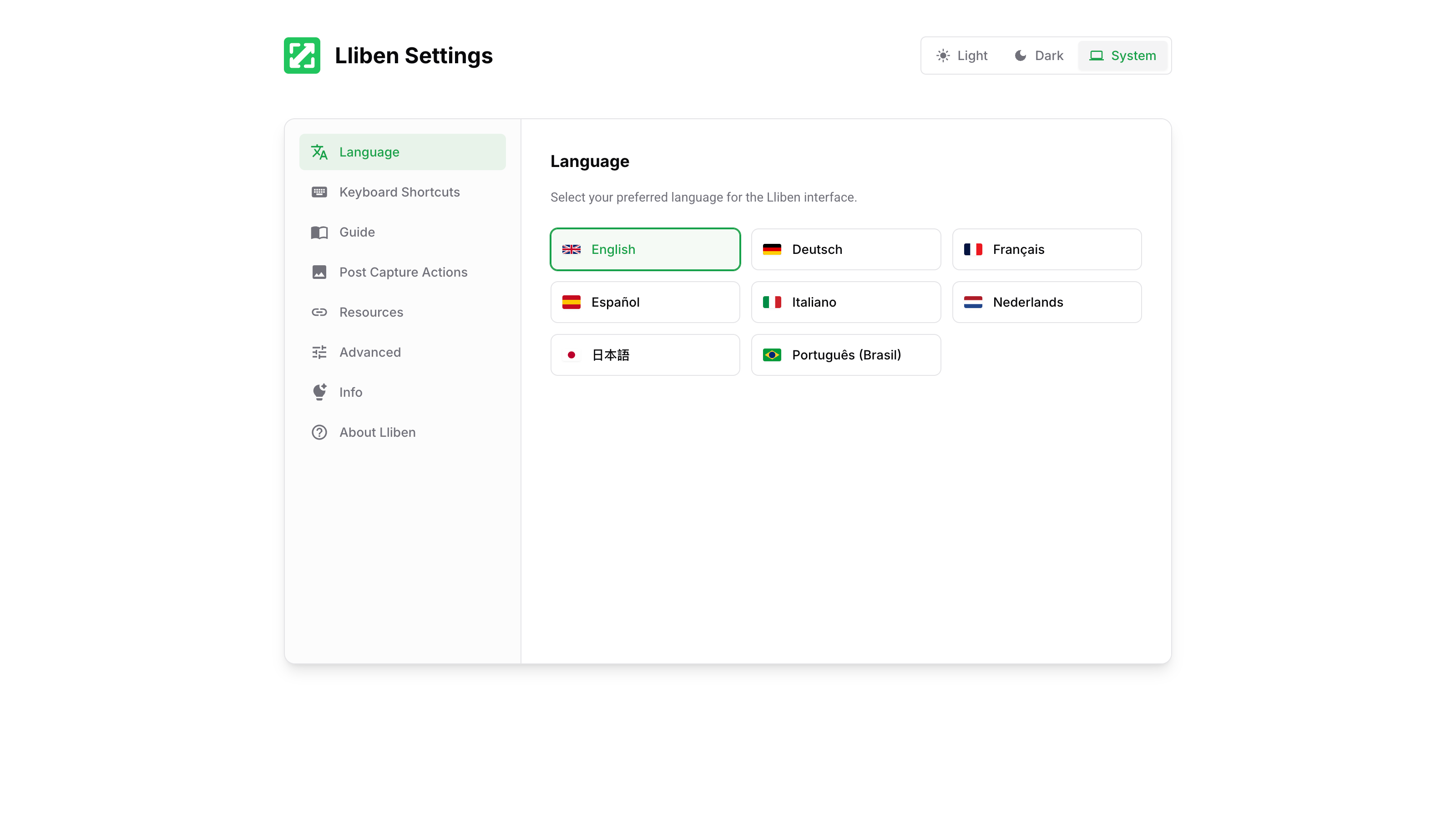 Página de configurações do Lliben com opções de captura e exportação